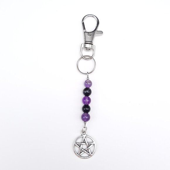Hand Crafted Accessories - Pentacle Pentagram Wiccan Witch Purple Black Goth Keychain Handmade Accessory